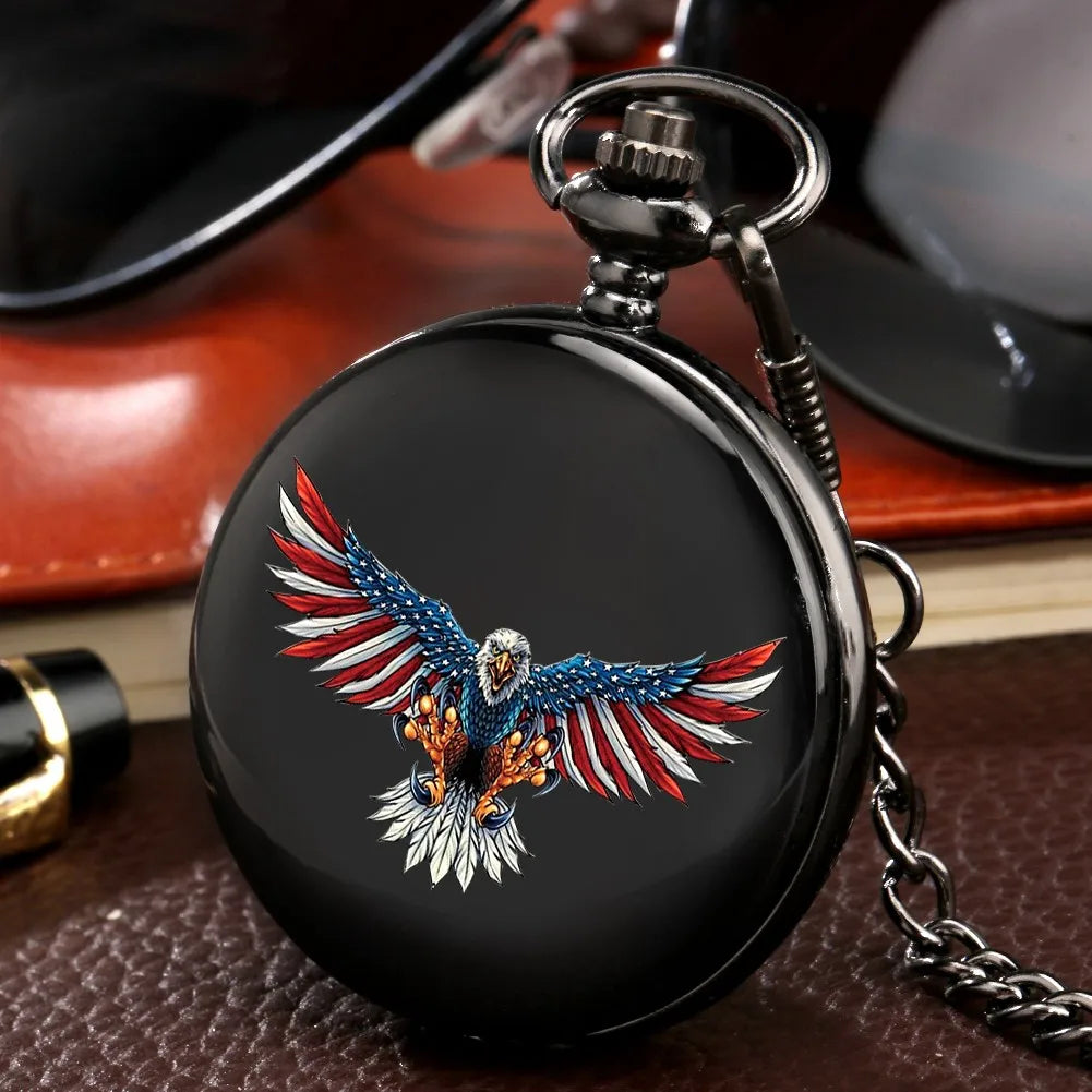 Vintage Black United States of America Eagle Badge Pendant Best Collectibles Pocket Watch Cool Clock Gift for Men Male Kids
