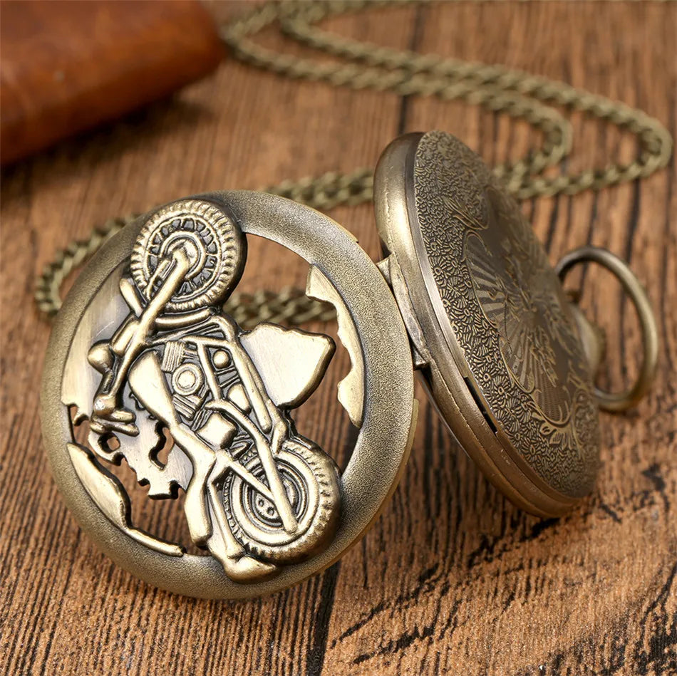 Vintage Bronze Hollow Motorcycle Quartz Pocket Watch with Necklace Chain Leisure Pendant Gift Men's Clock