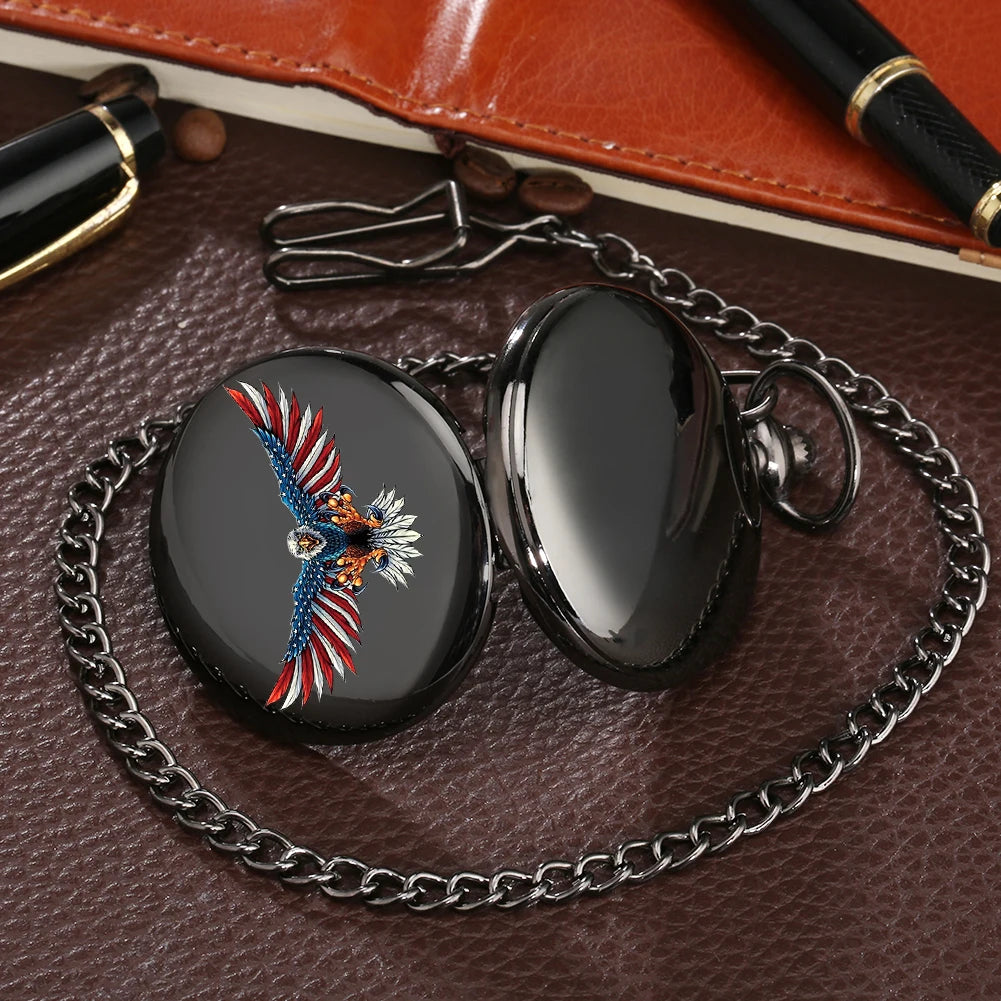 Vintage Black United States of America Eagle Badge Pendant Best Collectibles Pocket Watch Cool Clock Gift for Men Male Kids