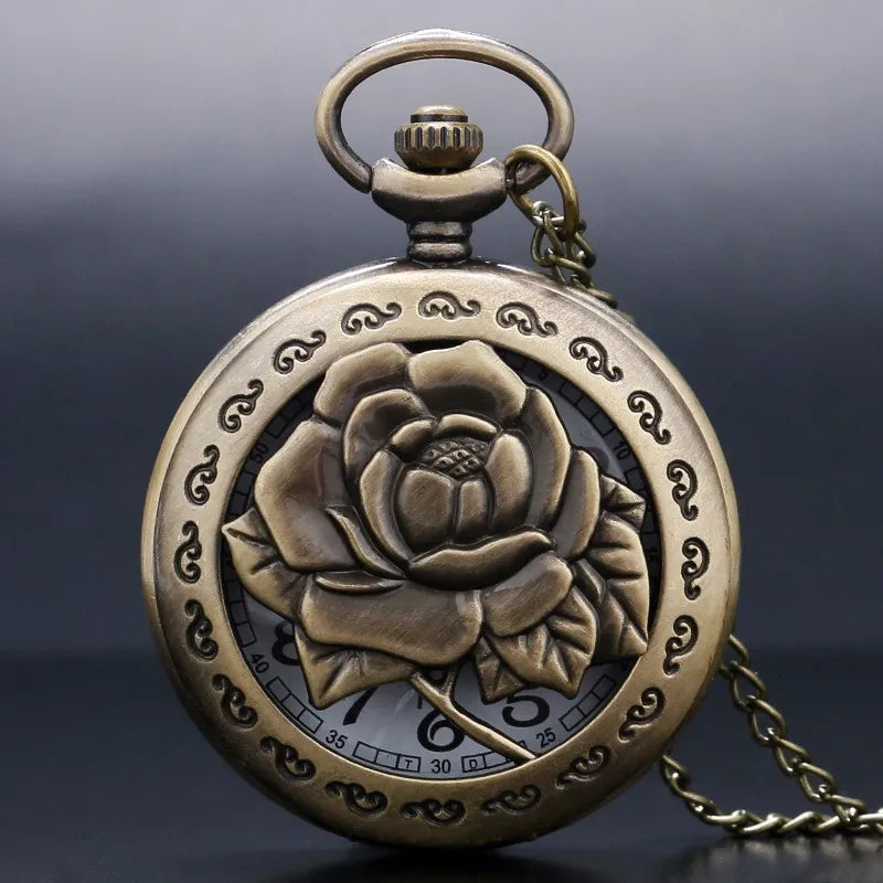 Hollow Vintage Bronze Rose Fashion Quartz Necklace Pocket Watch Display Pendant Pocket Clock Collections Gifts