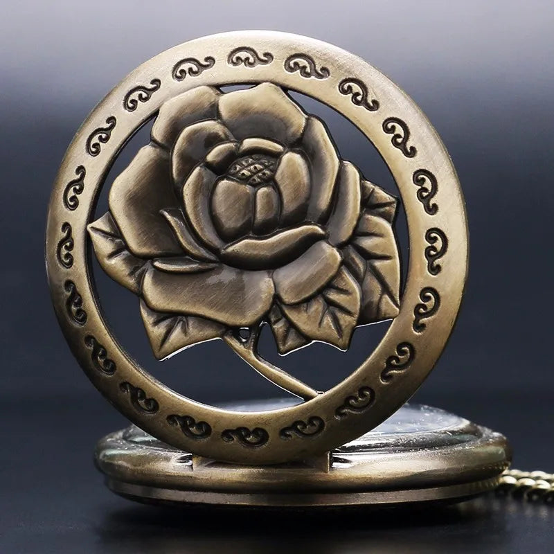 Hollow Vintage Bronze Rose Fashion Quartz Necklace Pocket Watch Display Pendant Pocket Clock Collections Gifts