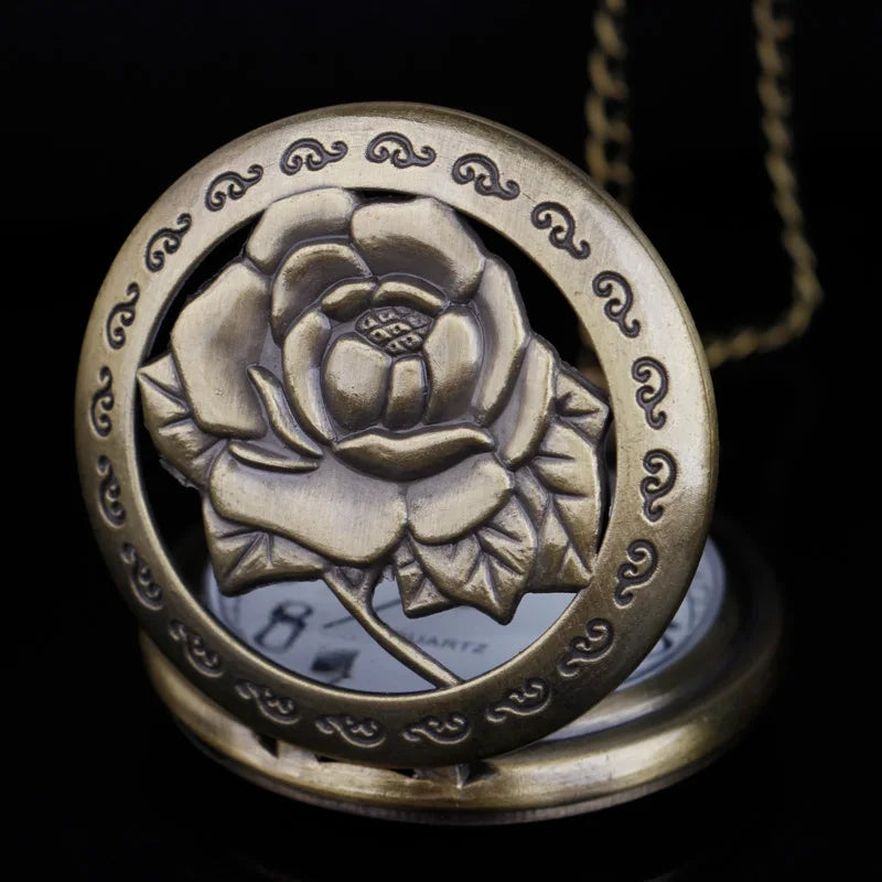 Hollow Vintage Bronze Rose Fashion Quartz Necklace Pocket Watch Display Pendant Pocket Clock Collections Gifts