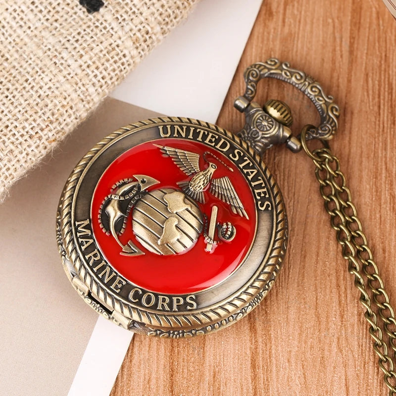 Eagle Red Vintage Bronze United States Marine Quartz Necklace Pocket Watch Display Pendant Pocket Clock Collections Gifts