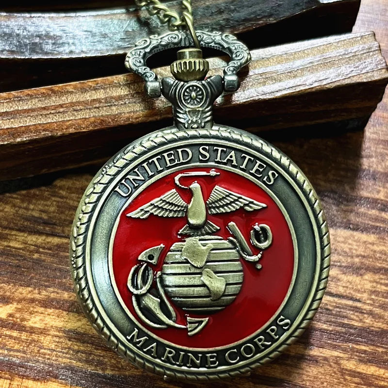 Eagle Red Vintage Bronze United States Marine Quartz Necklace Pocket Watch Display Pendant Pocket Clock Collections Gifts