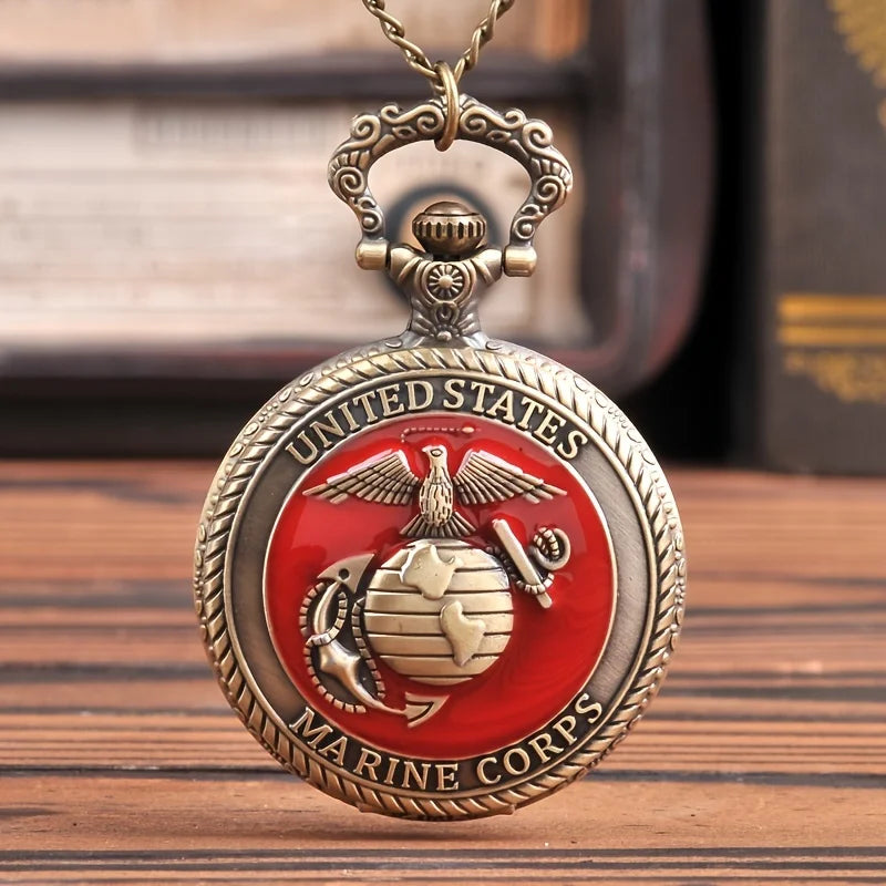 Eagle Red Vintage Bronze United States Marine Quartz Necklace Pocket Watch Display Pendant Pocket Clock Collections Gifts