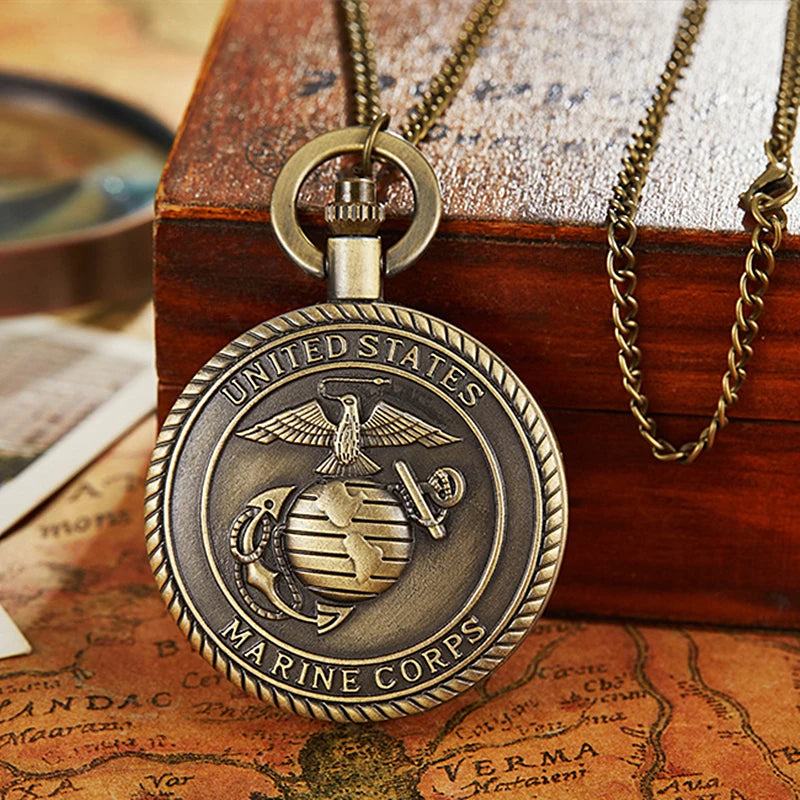 Vintage Bronze United States Marine Quartz Necklace Pocket Watch  Arabic Numerals Display Pendant Pocket Clock Collections Gifts