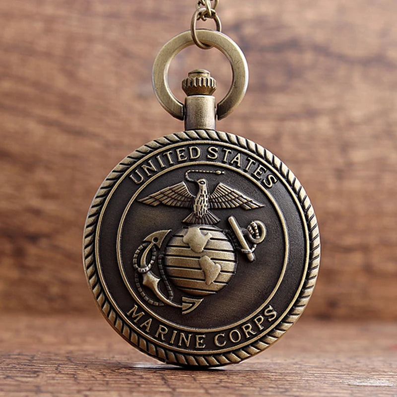 Vintage Bronze United States Marine Quartz Necklace Pocket Watch  Arabic Numerals Display Pendant Pocket Clock Collections Gifts