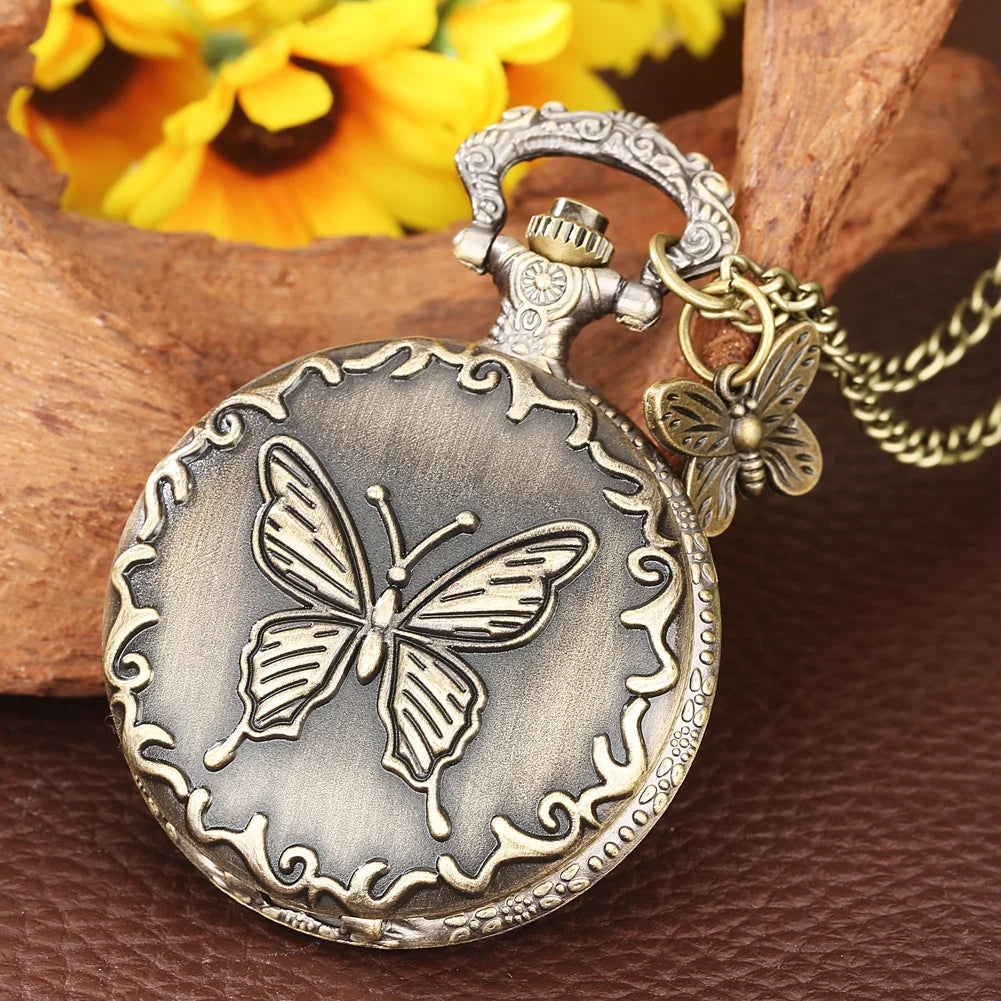 Vintage Bronze Cute Butterfly With Pattern  Necklace Chain Pendant Quartz Pocket Watch Gift Women Female Men Exquisite Clock