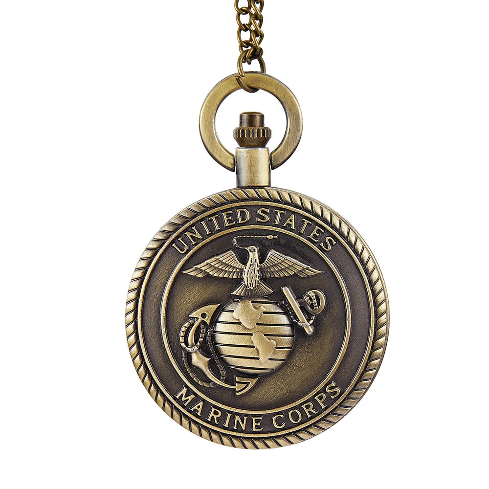 Vintage Bronze United States Marine Quartz Necklace Pocket Watch  Arabic Numerals Display Pendant Pocket Clock Collections Gifts
