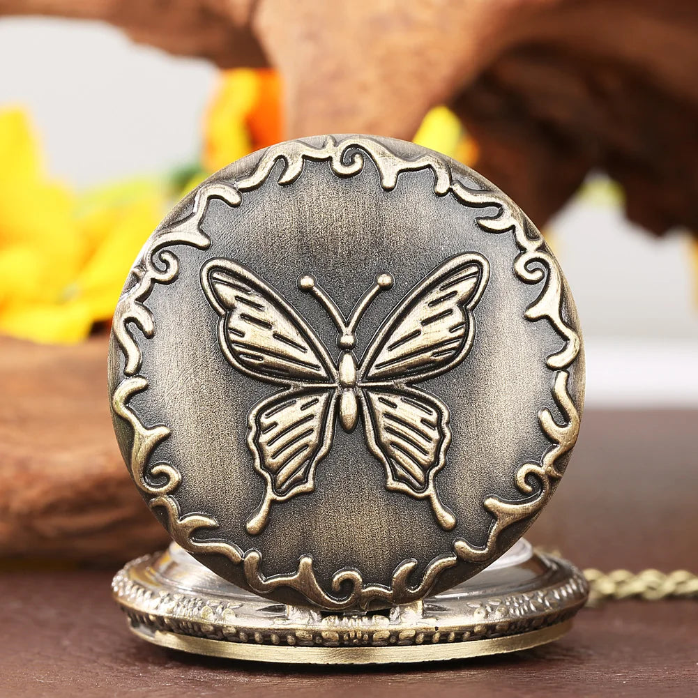 Vintage Bronze Cute Butterfly With Pattern  Necklace Chain Pendant Quartz Pocket Watch Gift Women Female Men Exquisite Clock