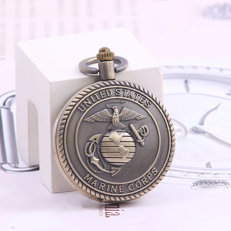 Vintage Bronze United States Marine Quartz Necklace Pocket Watch  Arabic Numerals Display Pendant Pocket Clock Collections Gifts