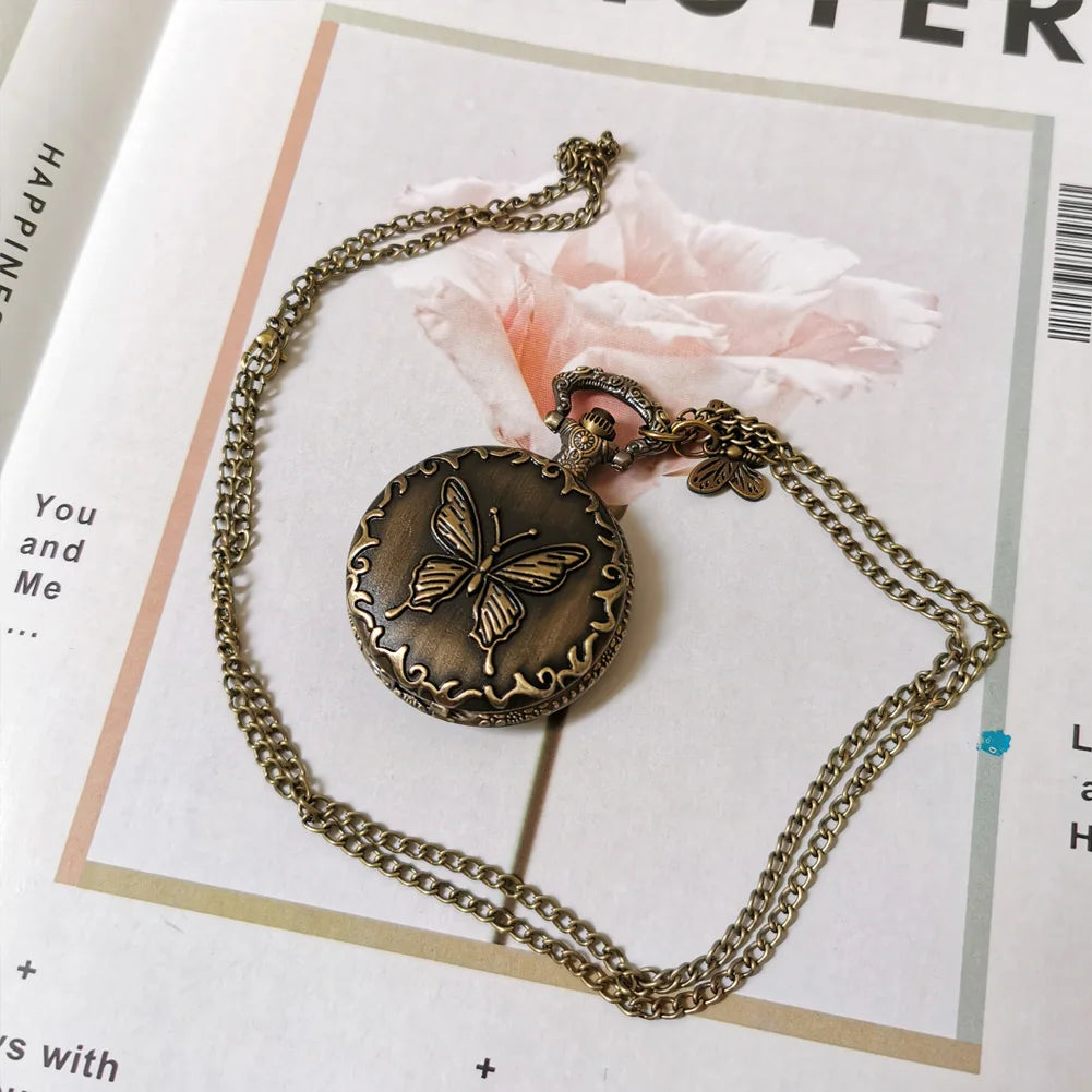 Vintage Bronze Cute Butterfly With Pattern  Necklace Chain Pendant Quartz Pocket Watch Gift Women Female Men Exquisite Clock