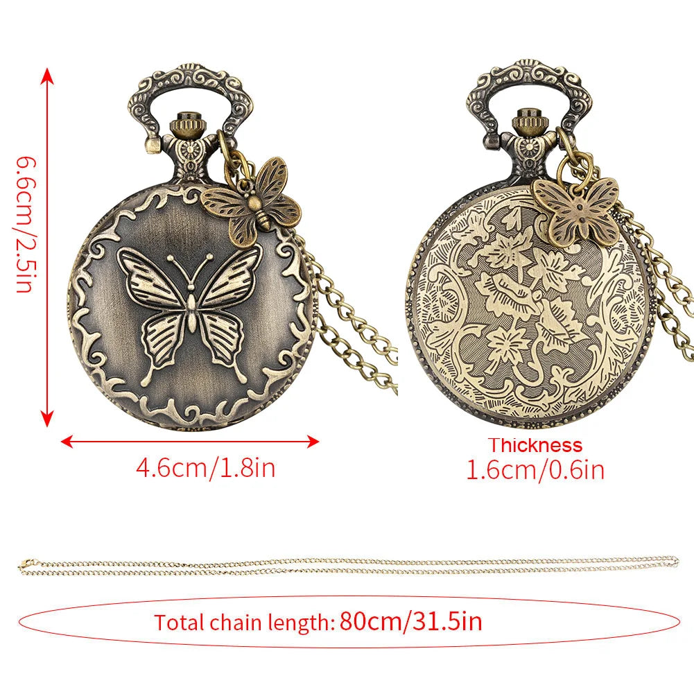 Vintage Bronze Cute Butterfly With Pattern  Necklace Chain Pendant Quartz Pocket Watch Gift Women Female Men Exquisite Clock