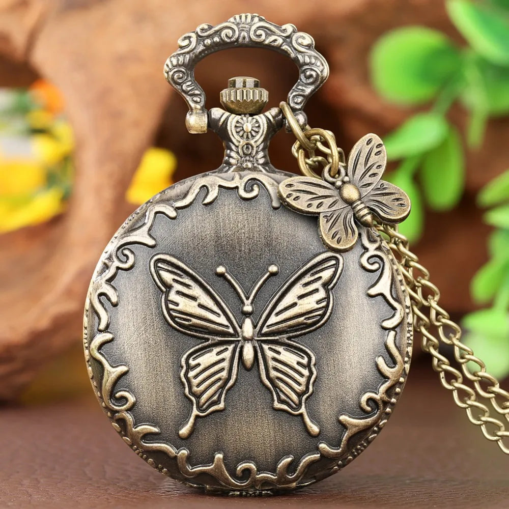 Vintage Bronze Cute Butterfly With Pattern  Necklace Chain Pendant Quartz Pocket Watch Gift Women Female Men Exquisite Clock