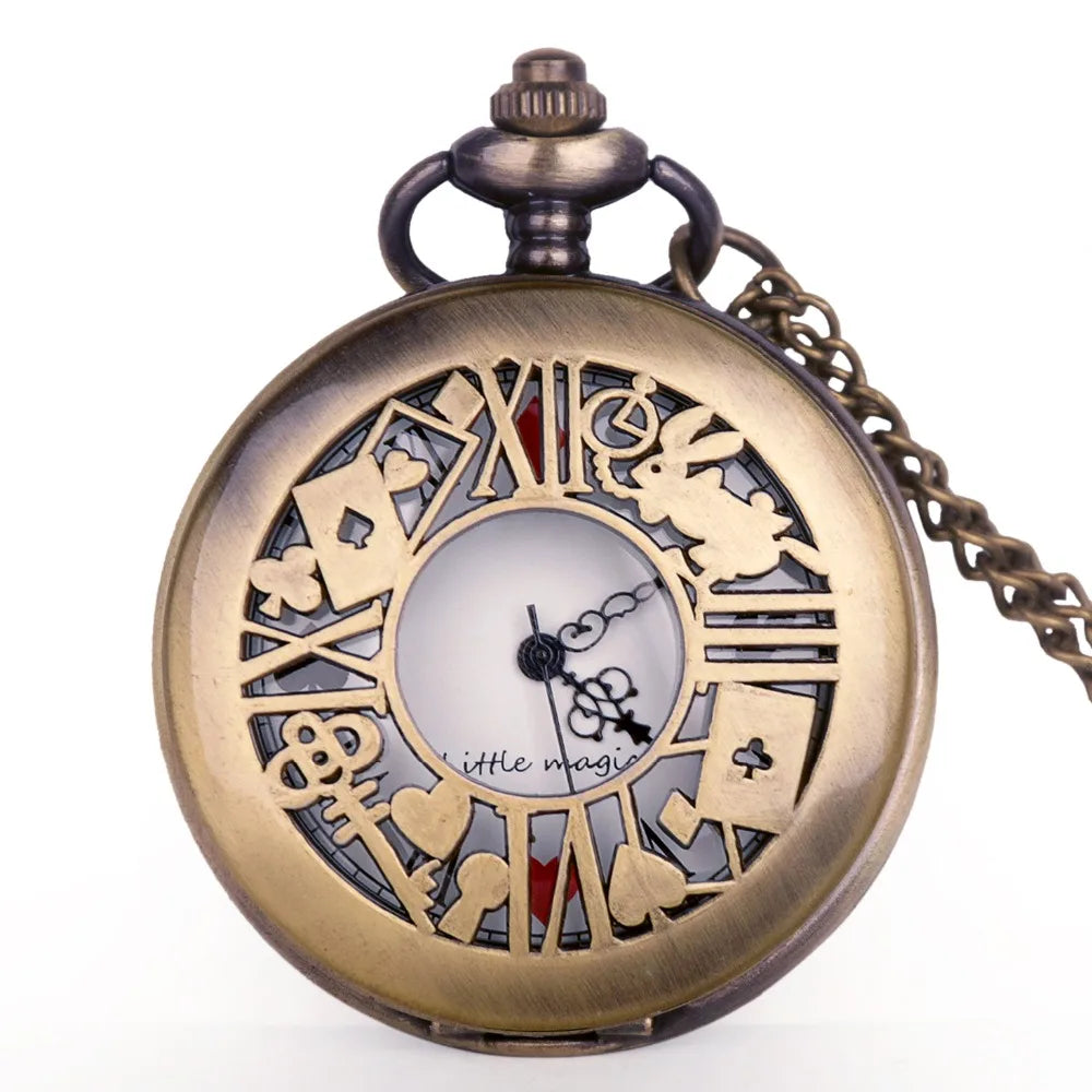 Elegant Retro Bronze Hollow Animal Design Quartz Pocket Watch with Necklace Chain Leisure Pendant Gift Men's Exquisite Clock