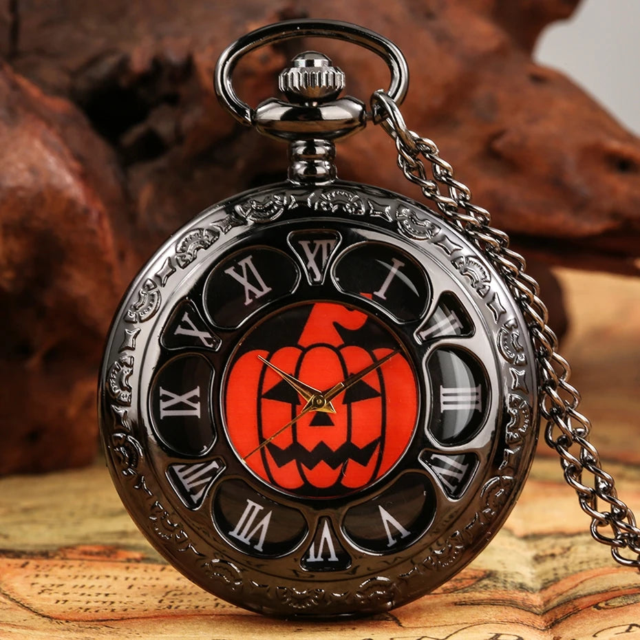 Vintage Hollow Black Pumpkins Dial Quartz Necklace Pocket Watch Pendant Best Gifts for Men Women and Kids Popular Clock