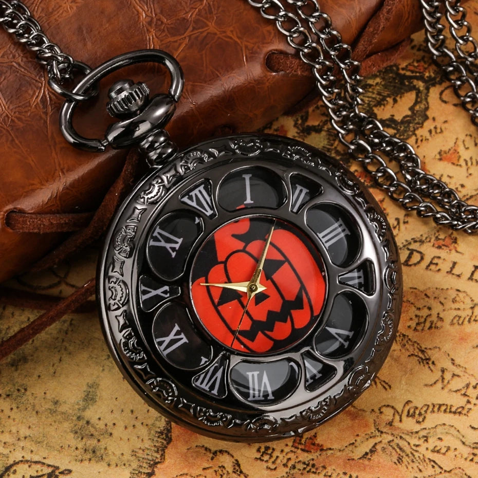 Vintage Hollow Black Pumpkins Dial Quartz Necklace Pocket Watch Pendant Best Gifts for Men Women and Kids Popular Clock