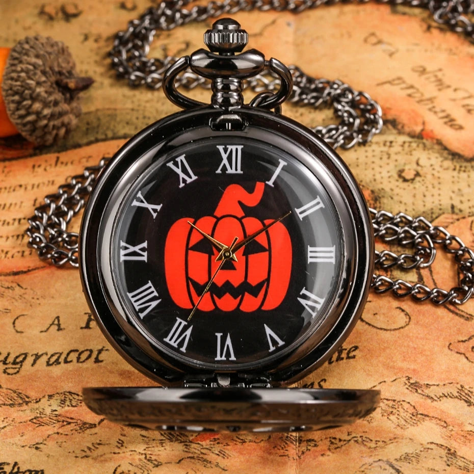 Vintage Hollow Black Pumpkins Dial Quartz Necklace Pocket Watch Pendant Best Gifts for Men Women and Kids Popular Clock