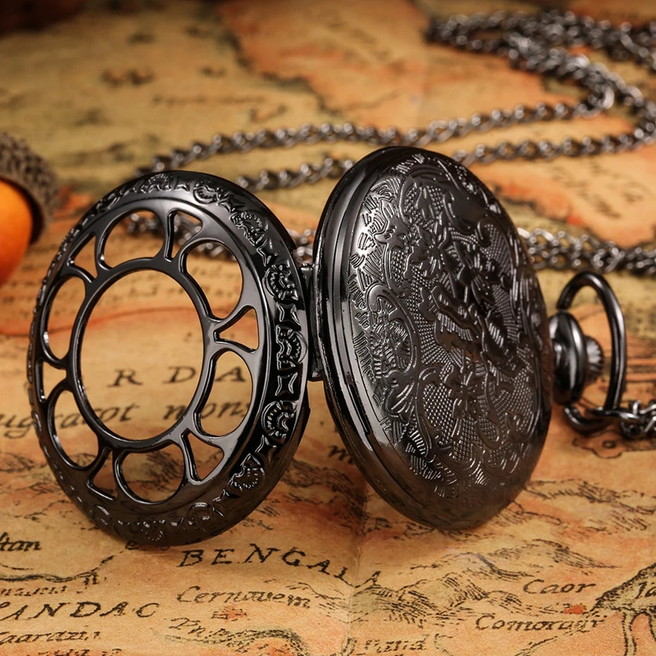 Vintage Hollow Black Pumpkins Dial Quartz Necklace Pocket Watch Pendant Best Gifts for Men Women and Kids Popular Clock