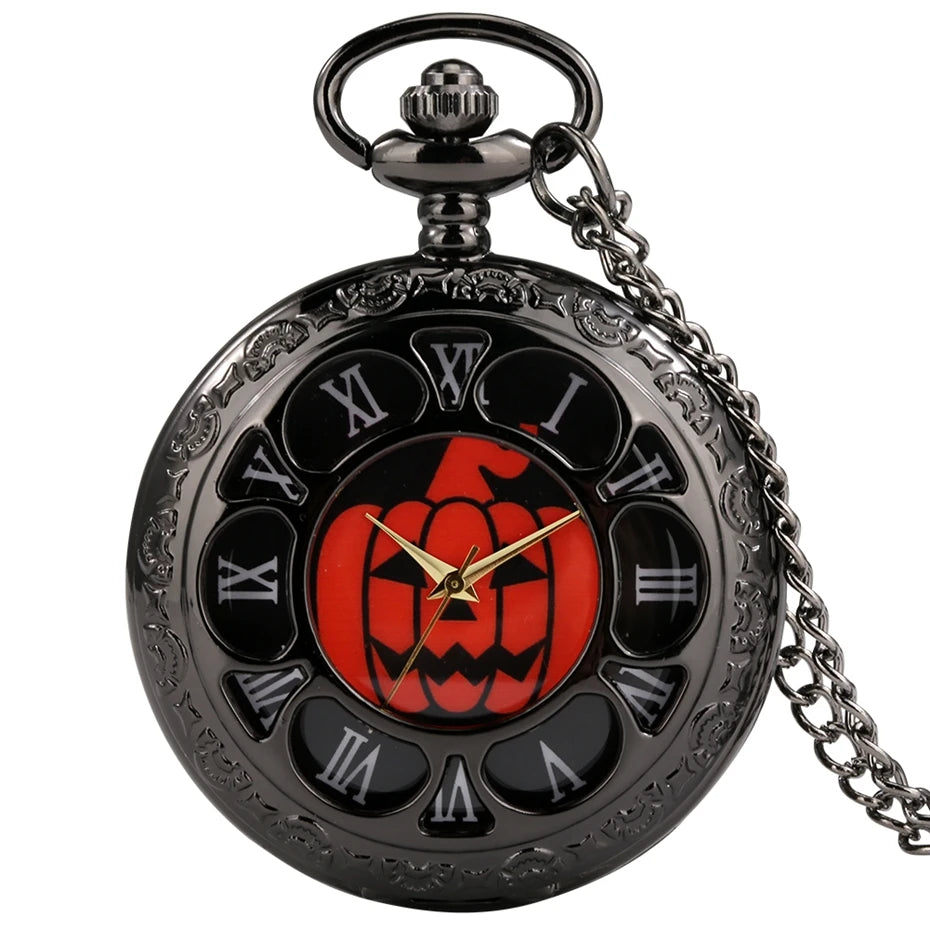 Vintage Hollow Black Pumpkins Dial Quartz Necklace Pocket Watch Pendant Best Gifts for Men Women and Kids Popular Clock