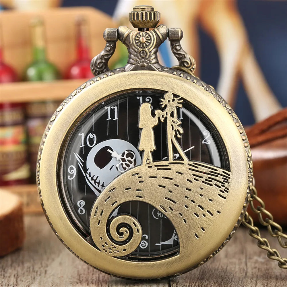 Vintage Christmas Theme Design Quartz Black Pocket Watch Necklace Gifts for Men and Women Exquisite Quarttz Watches Fashion