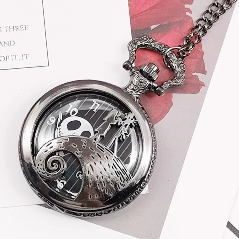 Vintage Christmas Theme Design Quartz Black Pocket Watch Necklace Gifts for Men and Women Exquisite Quarttz Watches Fashion