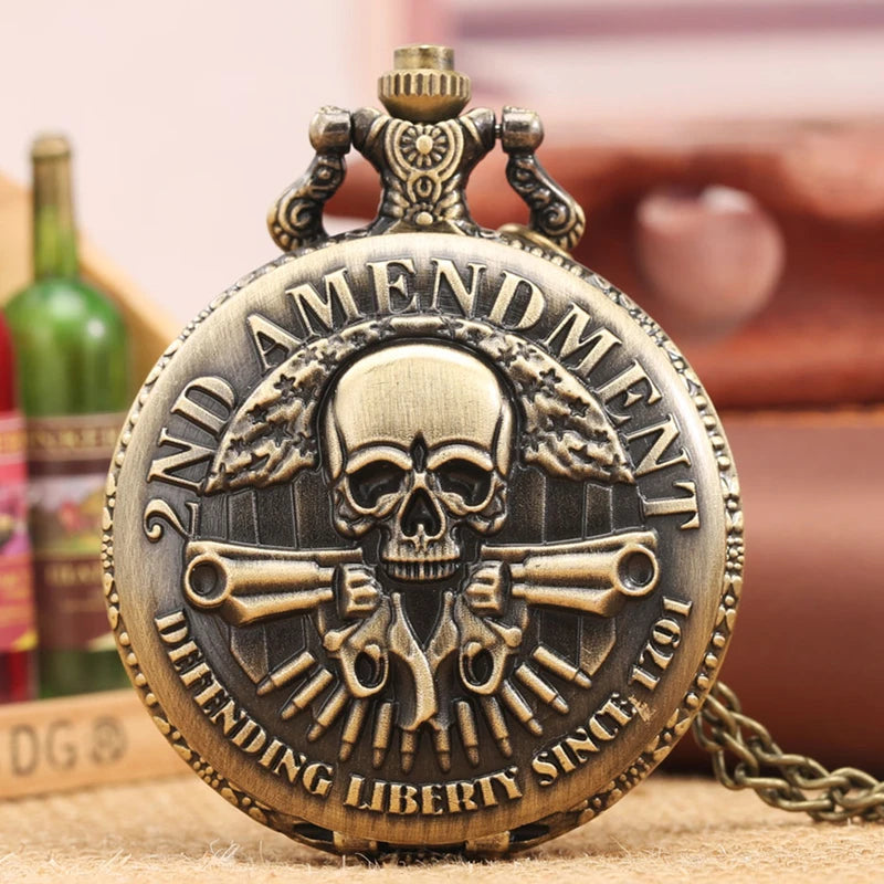 Vintage Bronze Gun Skull Defending Liberty Since 1791 2Nd Amendment Military Quartz Necklace Pocket Watch Pendant Gifts for Men