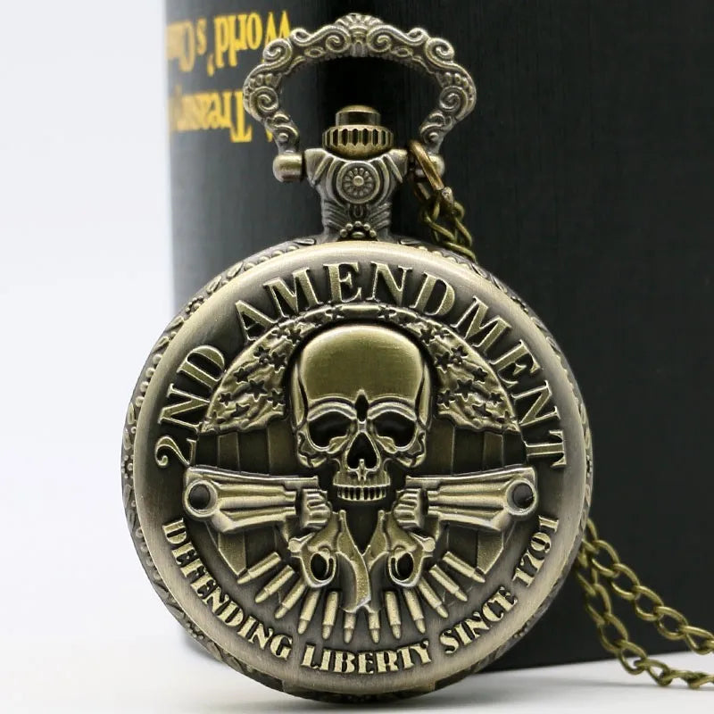 Vintage Bronze Gun Skull Defending Liberty Since 1791 2Nd Amendment Military Quartz Necklace Pocket Watch Pendant Gifts for Men