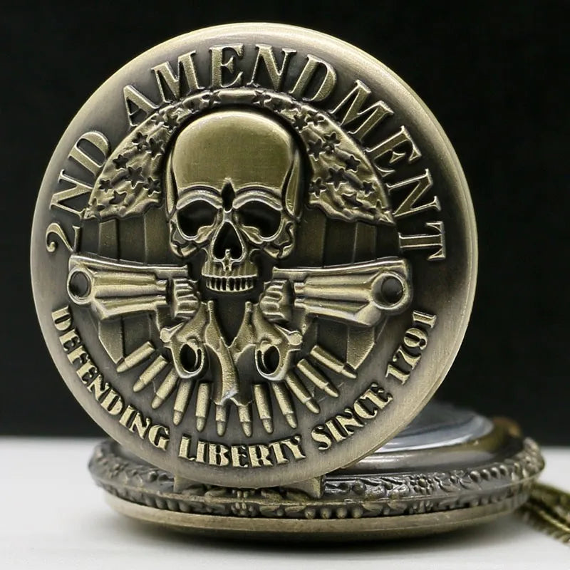 Vintage Bronze Gun Skull Defending Liberty Since 1791 2Nd Amendment Military Quartz Necklace Pocket Watch Pendant Gifts for Men