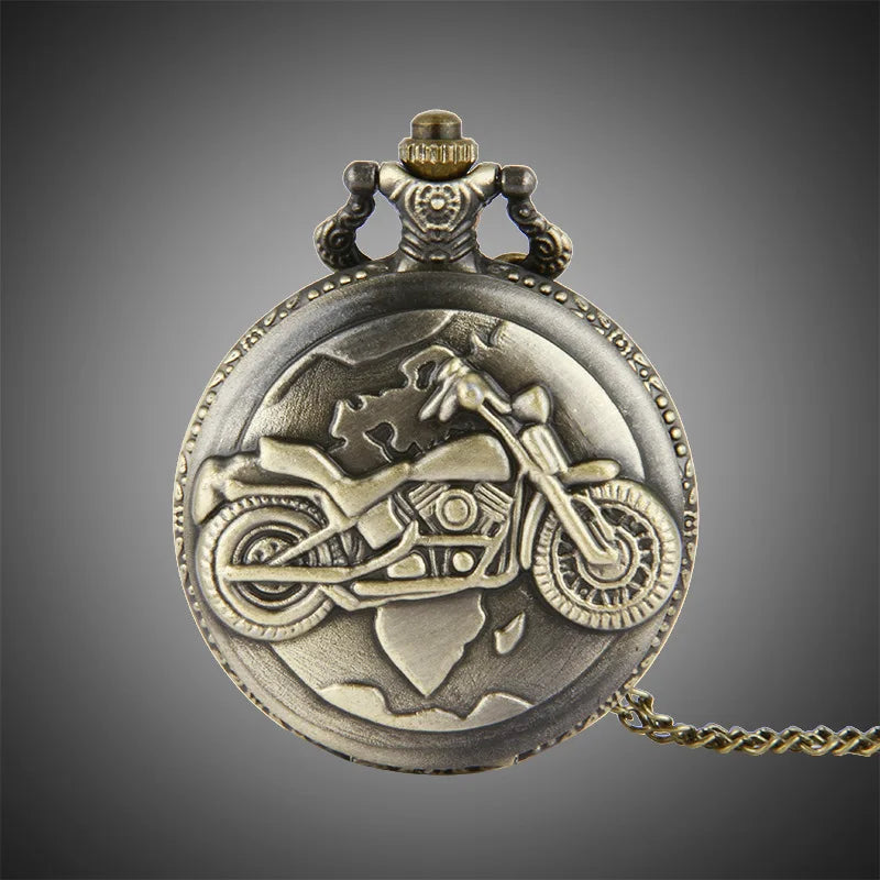 Retro Bronze Motorcycle Quartz Pocket Watch with Necklace Chain Fashion Clock Pendant Gift For Men Male Kids