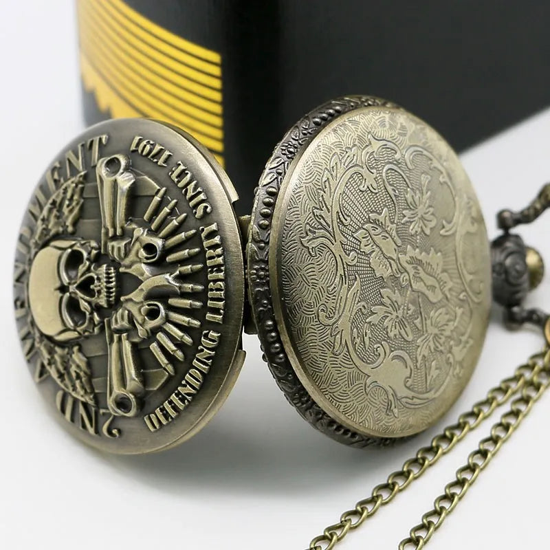 Vintage Bronze Gun Skull Defending Liberty Since 1791 2Nd Amendment Military Quartz Necklace Pocket Watch Pendant Gifts for Men