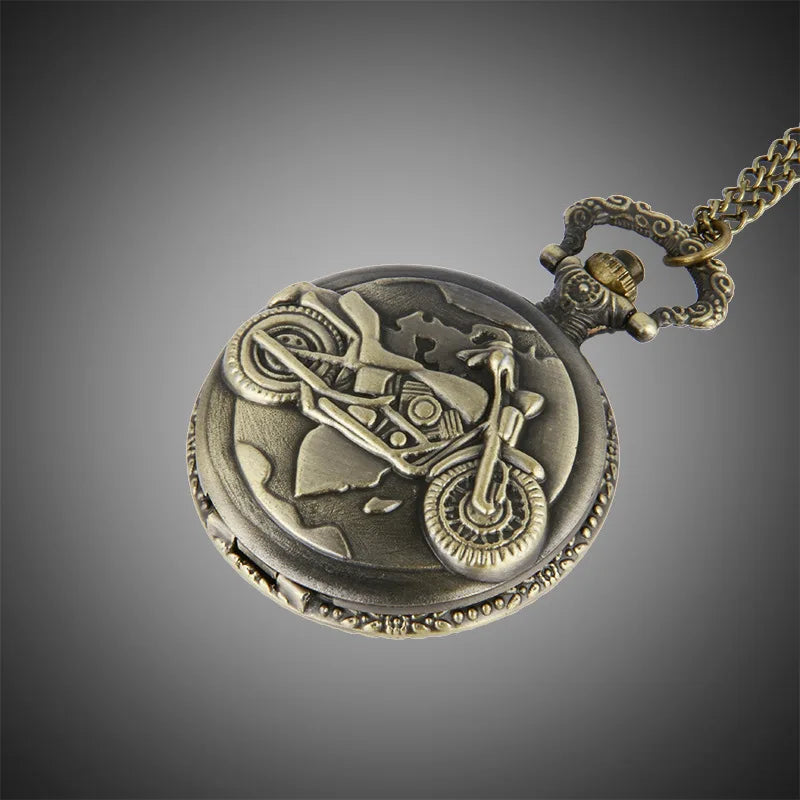 Retro Bronze Motorcycle Quartz Pocket Watch with Necklace Chain Fashion Clock Pendant Gift For Men Male Kids