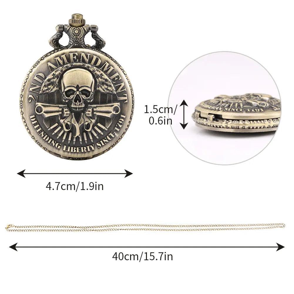 Vintage Bronze Gun Skull Defending Liberty Since 1791 2Nd Amendment Military Quartz Necklace Pocket Watch Pendant Gifts for Men