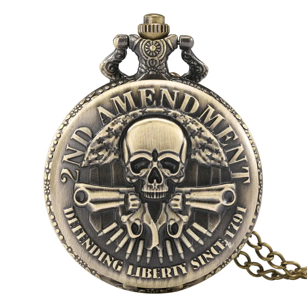 Vintage Bronze Gun Skull Defending Liberty Since 1791 2Nd Amendment Military Quartz Necklace Pocket Watch Pendant Gifts for Men