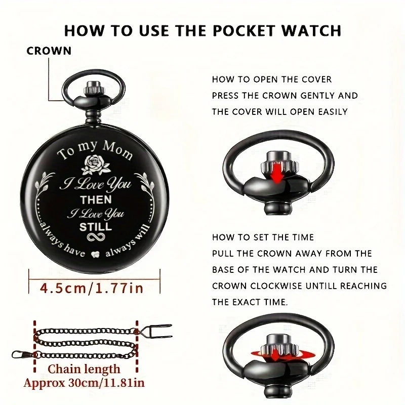 Exquisite "To My Mom" Quartz Pocket Watch Vintage Fashion Necklace Chain Watch Mother's Day Birthday Best Gift For Mom Mama