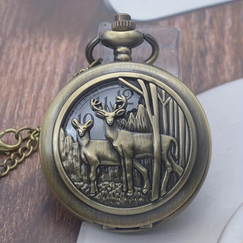 Vintage Bronze Elk Wild Animal Engraved Quartz Pocket Watch Vintage Fashion Necklace Chain Watch Christmas Gift For Women Men