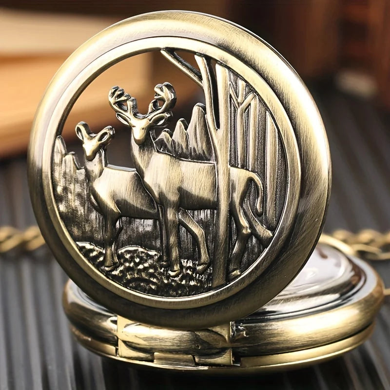 Vintage Bronze Elk Wild Animal Engraved Quartz Pocket Watch Vintage Fashion Necklace Chain Watch Christmas Gift For Women Men