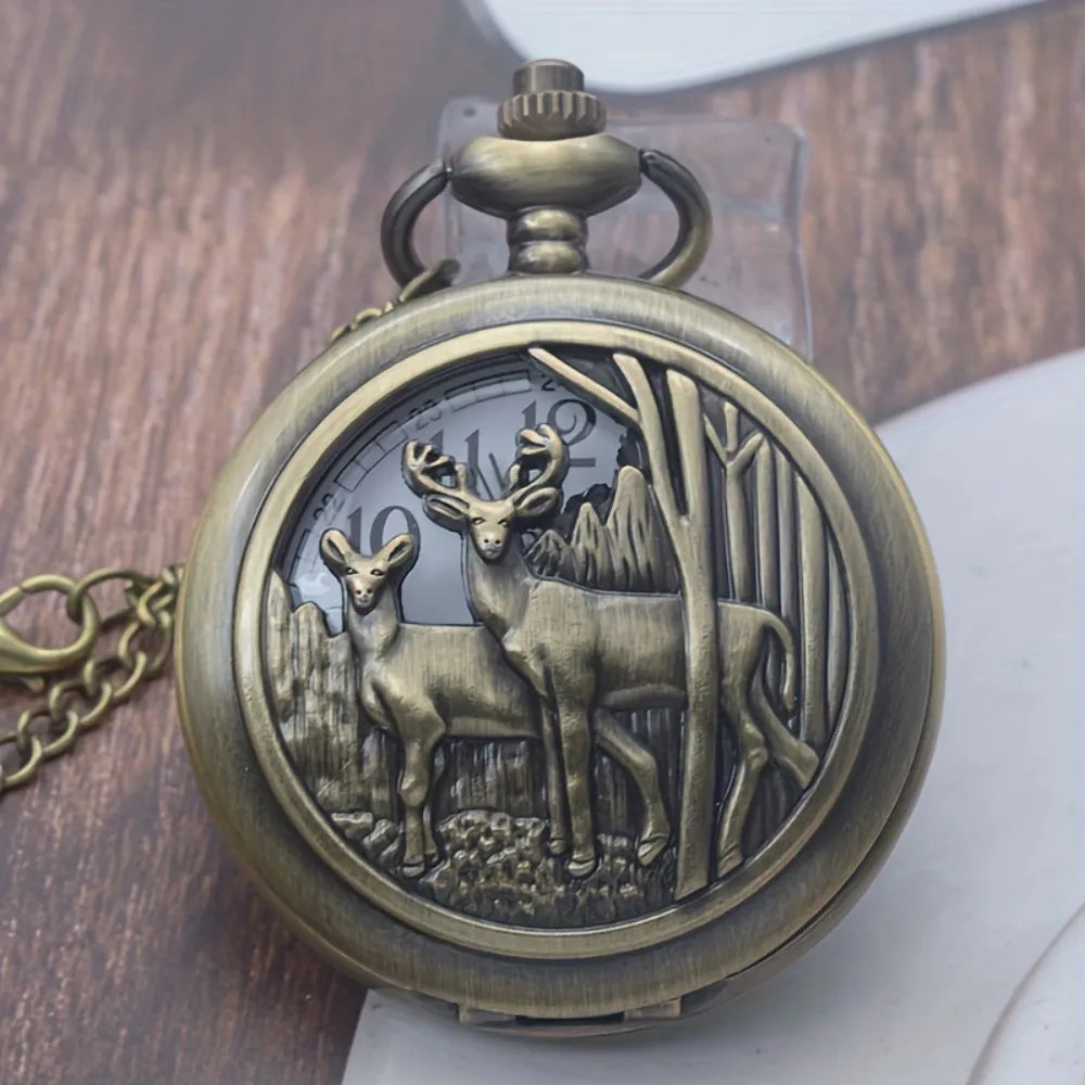 Vintage Bronze Elk Wild Animal Engraved Quartz Pocket Watch Vintage Fashion Necklace Chain Watch Christmas Gift For Women Men
