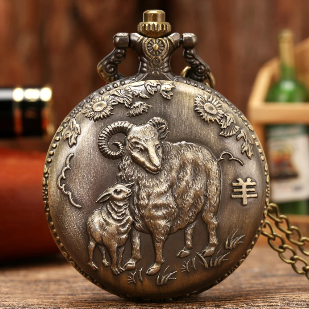 Exquisite Vintage Bronze Sheep Goat Animal  Necklace Chain Quartz Pocket Watch Gift for Male Women Chronograph Hombre Relojes