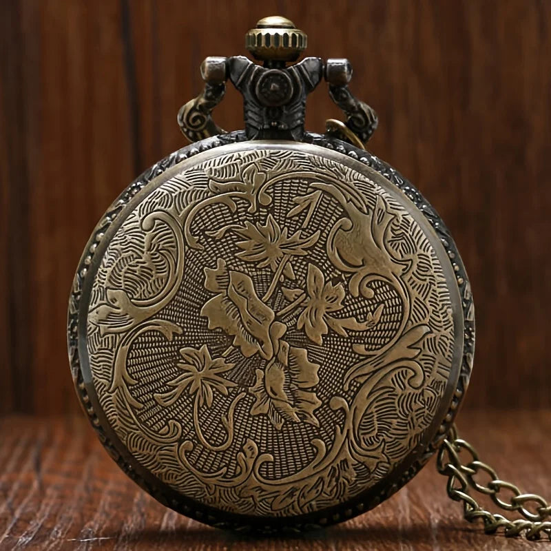 Bronze Tone Big Ben & Roses Motif Pendant Necklace Quartz Pocket Watch Gift for Male Women Chronograph Hombre Relojes