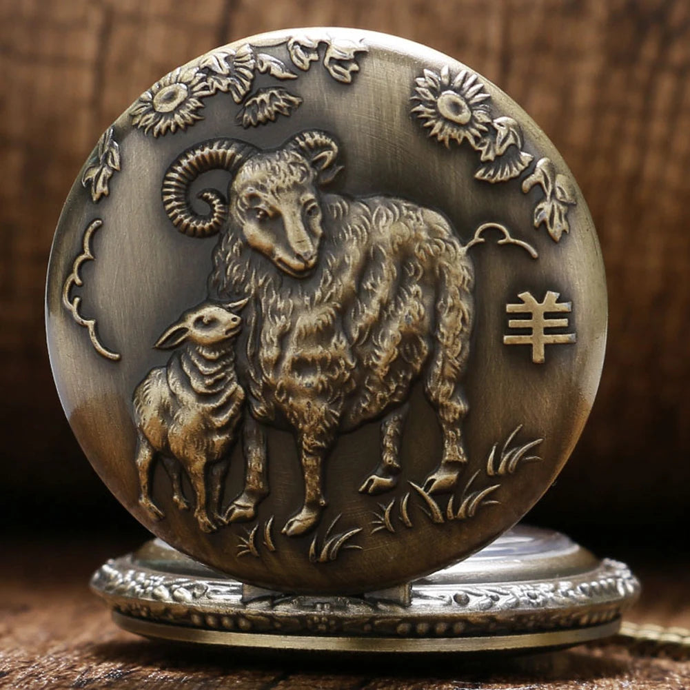 Exquisite Vintage Bronze Sheep Goat Animal  Necklace Chain Quartz Pocket Watch Gift for Male Women Chronograph Hombre Relojes