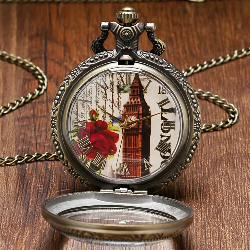Bronze Tone Big Ben & Roses Motif Pendant Necklace Quartz Pocket Watch Gift for Male Women Chronograph Hombre Relojes