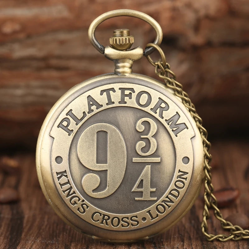 Retro King's Cross London 9 3/4  Platform Numerals Dial Quartz Pocket Watch Bronze Necklace Pendant Men's Gift Clock