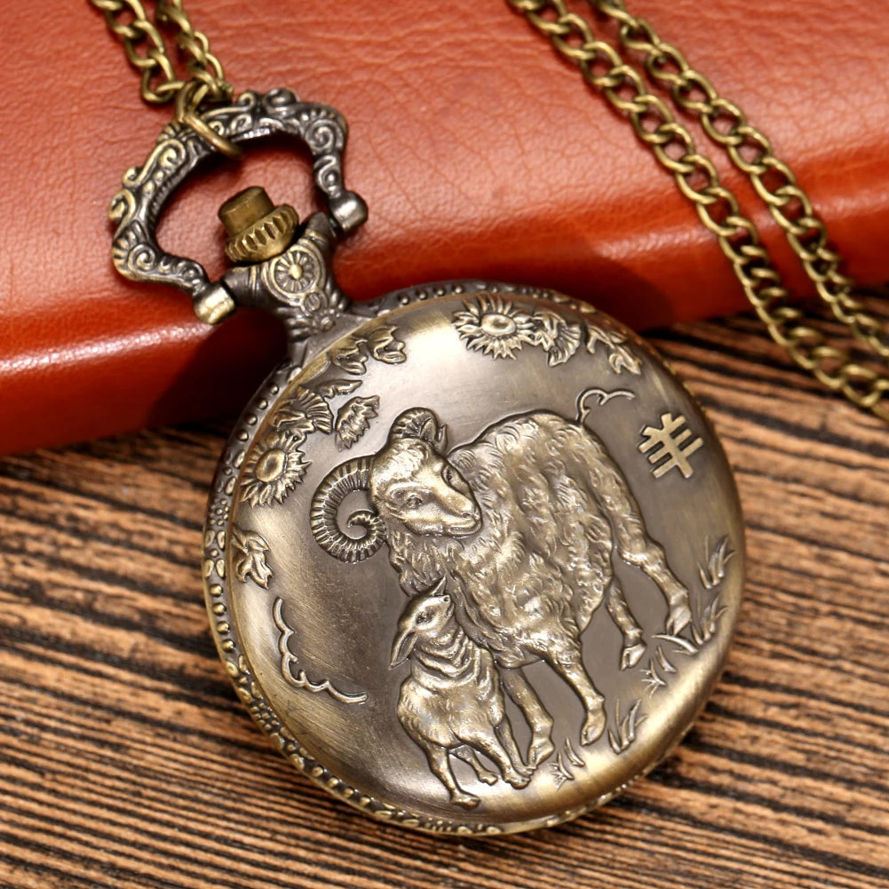 Exquisite Vintage Bronze Sheep Goat Animal  Necklace Chain Quartz Pocket Watch Gift for Male Women Chronograph Hombre Relojes