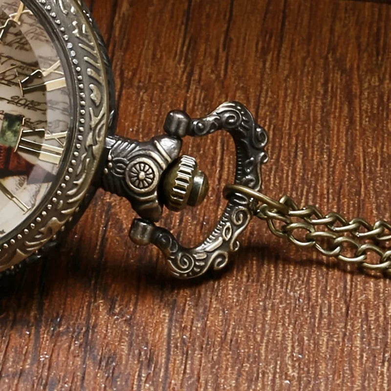 Bronze Tone Big Ben & Roses Motif Pendant Necklace Quartz Pocket Watch Gift for Male Women Chronograph Hombre Relojes