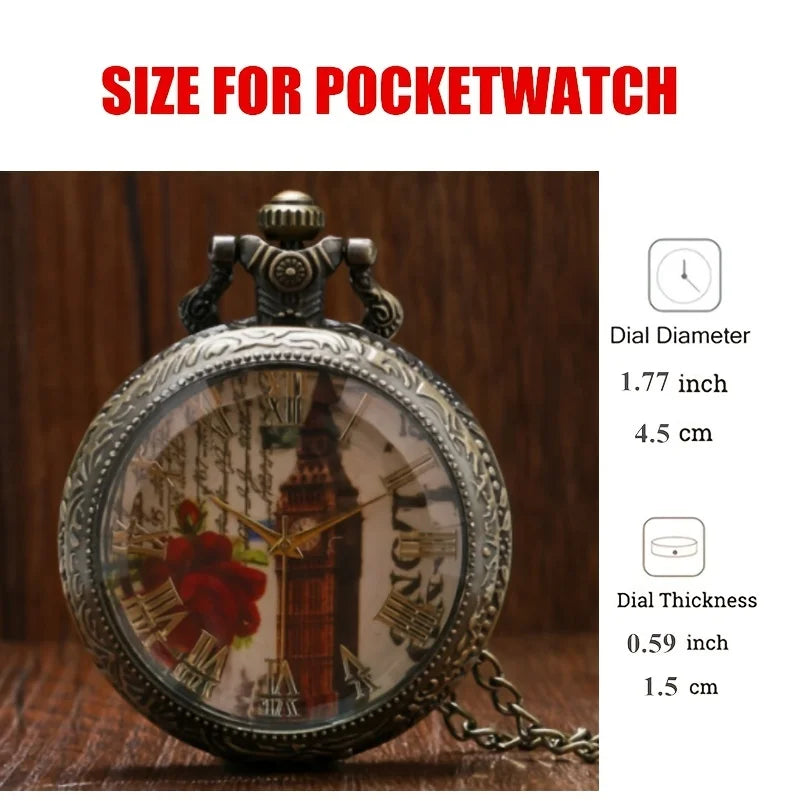 Bronze Tone Big Ben & Roses Motif Pendant Necklace Quartz Pocket Watch Gift for Male Women Chronograph Hombre Relojes