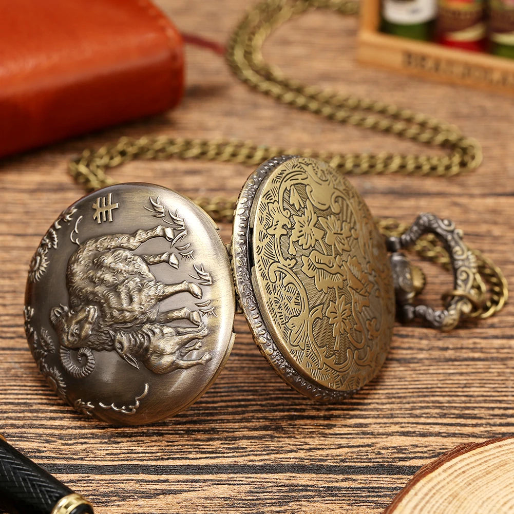 Exquisite Vintage Bronze Sheep Goat Animal  Necklace Chain Quartz Pocket Watch Gift for Male Women Chronograph Hombre Relojes