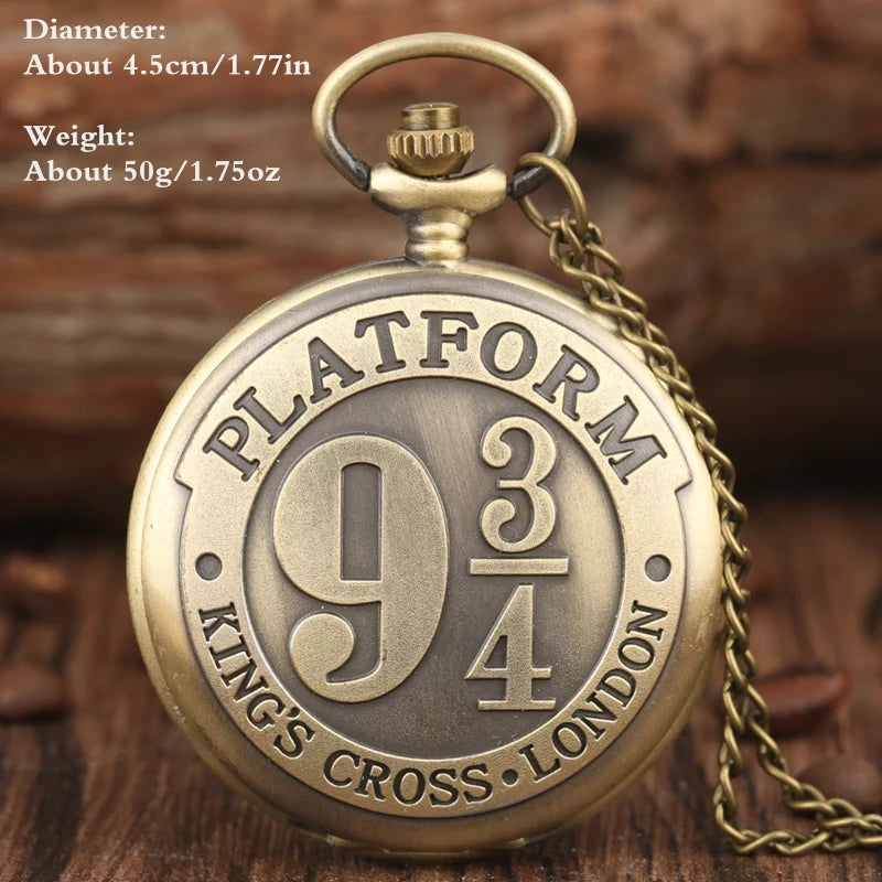 Retro King's Cross London 9 3/4  Platform Numerals Dial Quartz Pocket Watch Bronze Necklace Pendant Men's Gift Clock