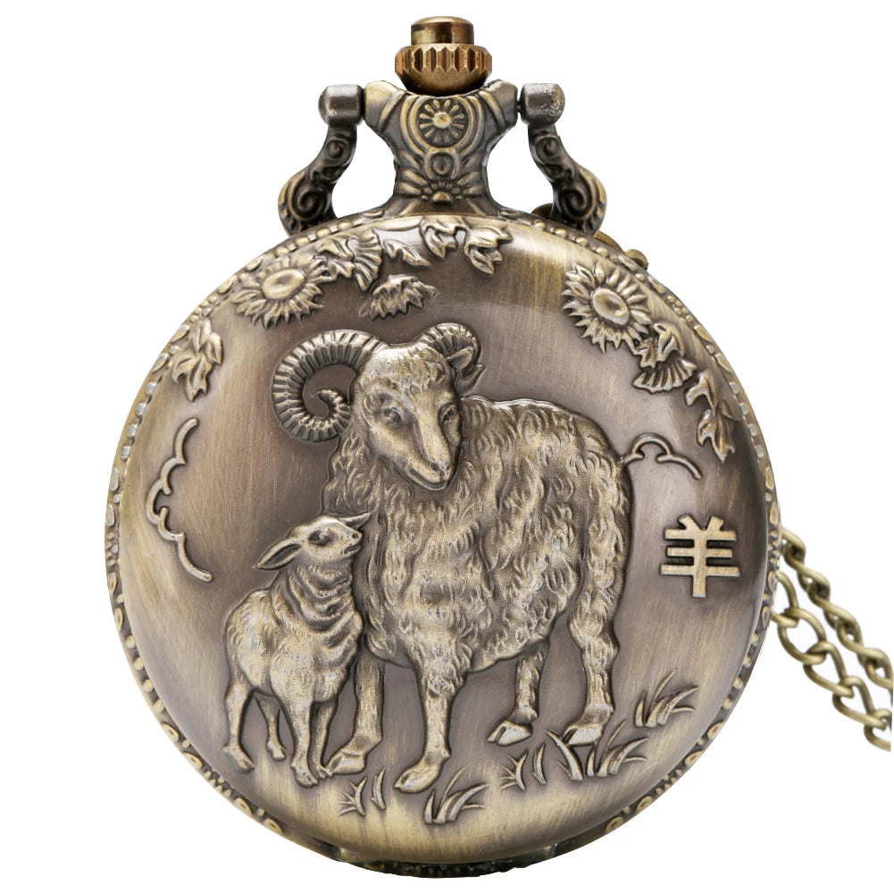 Exquisite Vintage Bronze Sheep Goat Animal  Necklace Chain Quartz Pocket Watch Gift for Male Women Chronograph Hombre Relojes