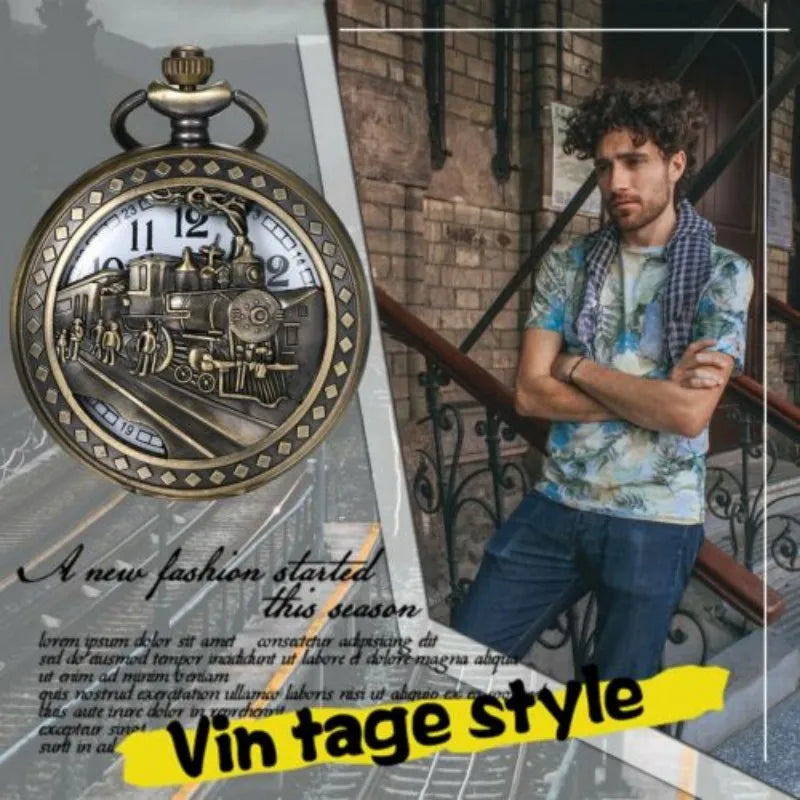 Retro Bronze Train Motif Analog Quartz Pocke with Necklace Chain Cool Pendant Clock Gift for Male Men  Watches Vintage Clock
